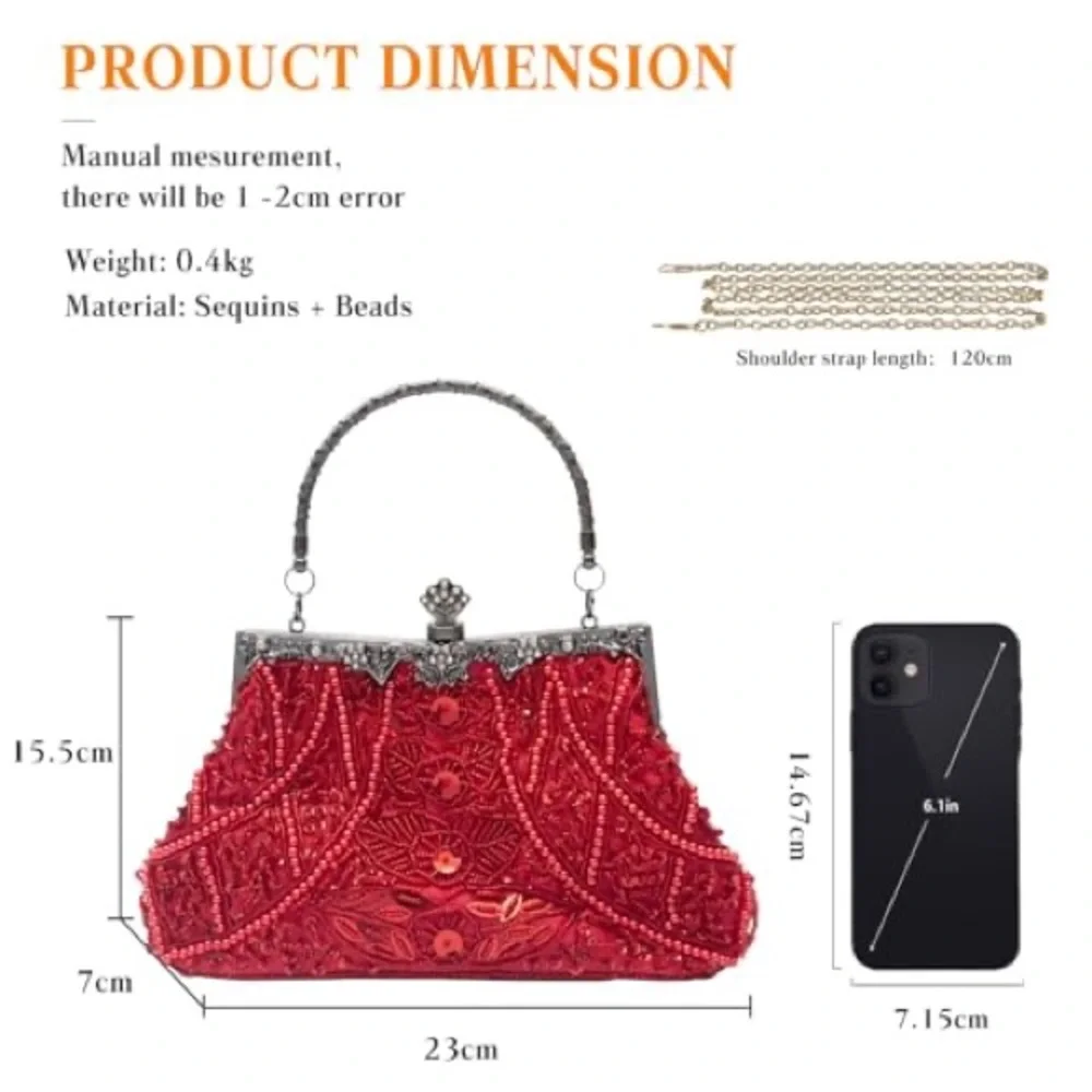 Red Beaded Evening Crossbody Bag with Silver Hardware - Picture 10 of 10